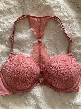 PINK 32C Lace Bra Front Closure Rose Gold Detailing “Date Push Up” Racerback